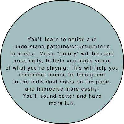 




You’ll learn to notice and
understand patterns/structure/form
in music.  Music “theory” will be used practically, to help you make sense
of what you’re playing. This will help you remember music, be less glued
to the individual notes on the page,
and improvise more easily.
You’ll sound better and have
more fun.